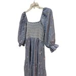 Blue Embroidered Gauze Midi Dress Square Neck Smocked Bodice Puff Sleeve Tiered Size M Photo 1