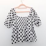 Cliché Womens Top Sz L White Black Polka Dot Puff Sleeve Babydoll Cottage Retro Size L Photo 8