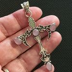 Pink Rose Quartz Sterling Silver 2.5” Cross Pendant Photo 1