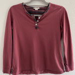 Garnet Hill  Pajama Top Womens Small Burgundy Plaid Trim Comfort Lounge Cozy Photo 0