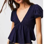 Free People [] Blue Charlotte V-Neck Smocked Open Back Top Puff Sleeves Sz Small Photo 10
