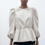 ZARA Beige Round Neck Below-The-Elbow Balloon Sleeves OpenBack Self Tie Top Sz L Photo 0