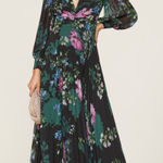 Badgley Mischka  Black Green Floral Long Sleeve V-Neck Pleated Gown Size 4 Photo 0