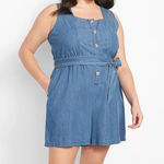Lane Bryant NWT Denim Jean Romper Tie Square Neck Button Shorts Size 14 Stretch Photo 0