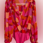 Pink Lily Pink and Orange Geo Print Bodysuit Blouse One Piece Size L Photo 0