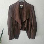 Neiman Marcus  Brown Leather Open From Cascade Ruffle Zippered Sleeves Sz Small‎ Photo 1
