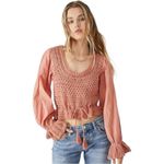 Free People NWT  Boho Puff Sleeve Megan Crocheted Cropped Top Coral Shirt XS $128 Photo 1