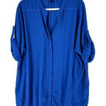 BCBGMAXAZRIA  Womens Tops Size XS Blue Crepe‎ Roll-Tab Sleeve Tunic Button Front Photo 0