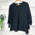 Chico's Chico’s Black Notch Neck Blouse Top w/ Split 3/4 Sleeves Bow Cuffs Size 12 Large Photo 1