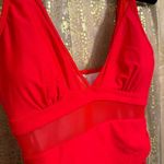Lipstick Red Bright Cherry Mesh Plunge One Piece Swimsuit Medium Photo 2