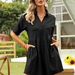 DEEP SELF Women's Short Sleeve Button Down Shorts Rompers V Neck size large Black Photo 0
