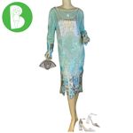 VINTAGE 1980’S ZEBUN AQUA BLUE AND SILVER SEQUINS SILK ABSTRACT PRINT DRESS (M) Size M Photo 1