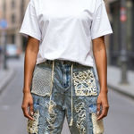 POL  Distressed Lace Patch Denim Jogger Pants Women's Size Med Drawstring Waist‎ Photo 0