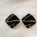 Super Mod Vintage Statement Pierced Earrings Gold W Black Enamel Photo 1