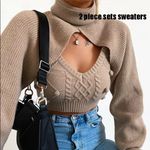 2 piece set winter turtleneck crop sweaters vest backless knitted‎ new ju… Tan Size M Photo 0