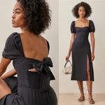 Reformation  Dress Denver Linen Slit Tie-Back Midi Wedding Summer Black 6 GUC Photo 6
