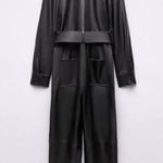 ZARA FAUX LEATHER JUMPSUIT V-neck Long Sleeves Front & Back Patch Pockets NEW Photo 8