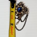 Gold Tone With Blue & Faux Pearl Victorian Design 2" Vtg Photo 3