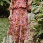 Veronica M Pratt Pink Floral Smocked Midi Dress S Photo 0
