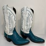 Justin Boots  Vintage White Teal Western Cowgirl Boots Lizard Stitch 6.5 RARE Photo 2