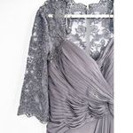 La Femme Ruched Twist Lace Sleeve Column Formal Gown in Gunmetal Gray Size 12 Photo 3