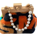 Womens Colorblock Furry White Pearl Handle Purse‎ Handbag Multicolor Black Photo 0