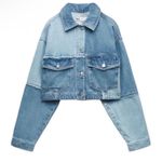 ZARA Cropped Patchwork Denim Blue Jacket
(Size Small) Photo 0