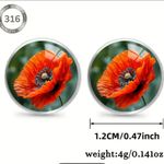 Red Poppy Bloom Veterans Armed Forces Remembrance Stud Earrings Stainless Steel Orange Photo 3
