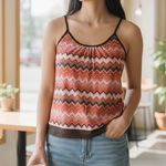 Women Tank Top Brown Pink Orange Zigzag Spaghetti Strap Boho Retro Size M/L Size M Photo 0