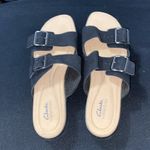 Clarks Wo size 11 Black Faux SUEDE straps and Tan w/ silver Buckle Sandals clean Photo 7
