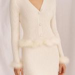 Cream Knit Two Piece Cardigan & Midi Skirt Set with Faux Fur trim Size Small Photo 2