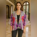 NWT Athena Procopiou 100% Silk Garden Print Kimono Cardigan Cover Up One Size Purple Size undefined Photo 1