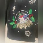 Vintage Lord & Taylor Christmas Cardigan Snow Flakes Fur Hood Beaded Zip Up M Black Size M Photo 2
