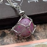Handmade Pink Agate Caged Pendant Necklace Stainless Steel 24” Boho Crystal Jewelry Photo 0