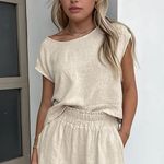 Beige Cotton & Linen Pockets Shorts Set Two Photo 0