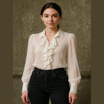 Vintage Elegant Cream Ruffle and Lace Modest Blouse Size 10 Photo 1