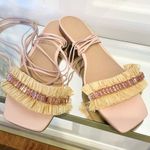 Anthropologie  Embellished Tie Up Pink/Rose Raffia Square Toe Sandals Sz 38 Photo 0