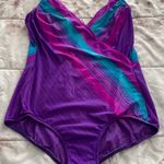 Maxine of Hollywood Vintage One Piece Purple Blue Pink Striped Swimsuit, size M Photo 1