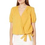 Lucky Brand  Women's Yellow Cotton Wrap Top Puff‎ Sleeves Tie Waist - M NWOT Photo 1