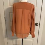 Double Zero | Light caramel V-neck long split sleeve blouse.  Longer, sheer back. Photo 6