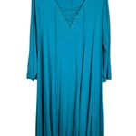 Boutique + Teal Blue Longline V-Neck Lace Up 3/4 Sleeve Jersey Knit Dress 1X Photo 0