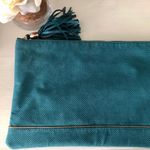 Neiman Marcus Oversized Perforated Faux Suede Tassel Emerald Green Zip Clutch Photo 3