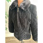 White Stag  Womens Black Quilted Velvet Faux Fur Collar Zip Up Jacket Medium 8 10 Photo 1