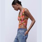 ZARA red pink green rose floral flower tropical ruched draped bodysuit S Photo 6