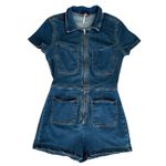 Free People  Women’s Lennox Crvy Blue Denim Shortsuit Jeans Collared Romper Sz 12 Photo 13