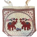 Thai Elephant Print Shoulder Bag Canvas Zip Close Tote Boho Global Artisan White Photo 1
