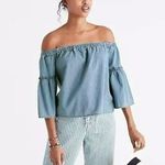 Madewell  Womens Off-The-Shoulder Chambray Denim Crop Top Bell Sleeves Size S Photo 1