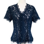 CAbi  3073 Navy Blue Sheer Lace Short Sleeve Top Blouse Button Front‎ Size Small Photo 0