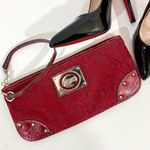 XOXO Red Wristlet Bag, small brocade fabric & vegan Leather clutch purse Photo 0