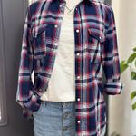 H&M Divided Navy Red White Plaid Snap Front Western Style Slim Fit Flannel Shirt Photo 0
